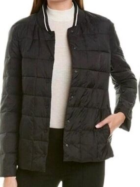 Trina Turk Lightweight Quilted Down Jacket Black Snap Front Minimalist Coat L